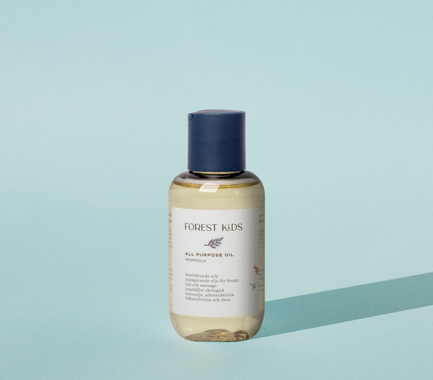 Forest Kids nurturing body, bath, and massage oil. with organic sunflower oil, sweet almond oil, blueberry seed oil, and shea, for soft and happy skin for both parents and children.