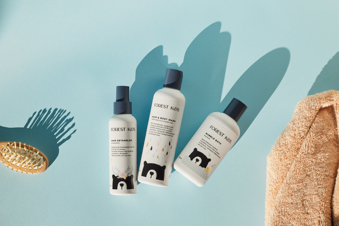 Forest Kids hair and body care products collection including hair and body wash, hair detangler and bubble bath