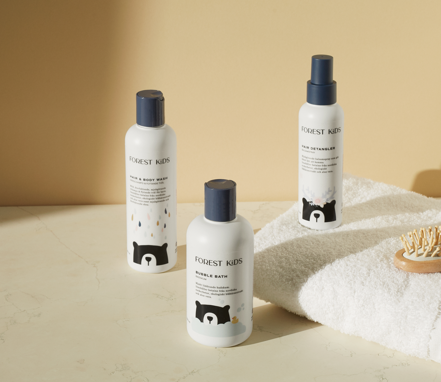 Forest Kids bath product collection. hair and body wash, bubble bath and hair detangler